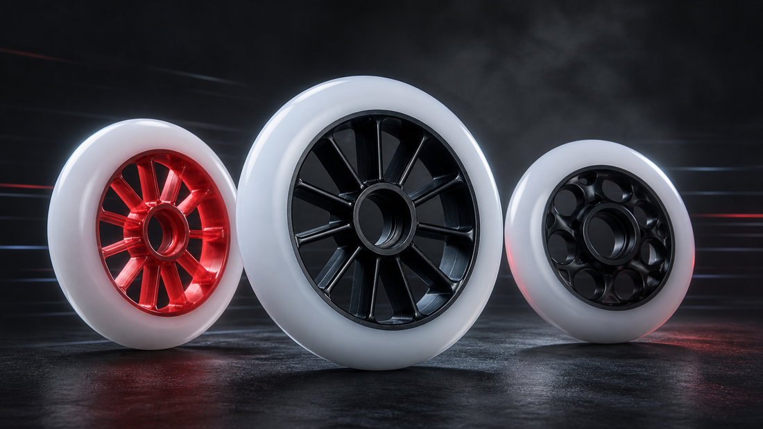 Three unbranded inline speed skate wheels with red and black performance hubs on a dark studio background