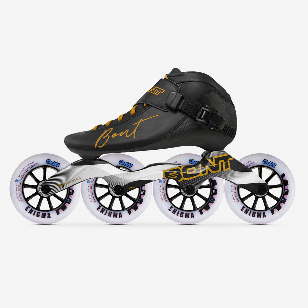 Bont BNT inline speed skate in black and gold with a carbon frame and four MPC Enigma wheels