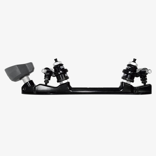 Side view of black Bont Athena roller skate plate with ToeGo toe stop, trucks, and cushions