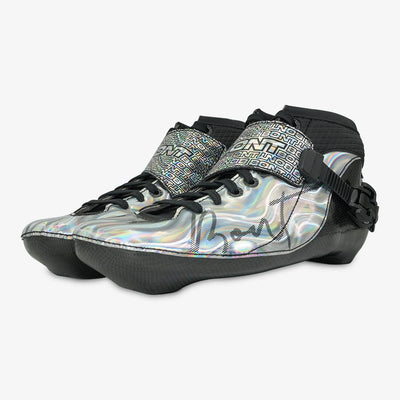 rainbow-silver-black-Bont Eclipse boot in use during inline speed skating