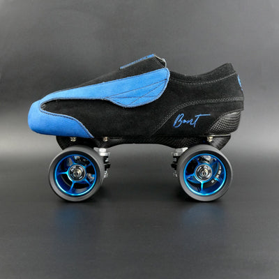 Side view of the Envy suede skate showing blue and black suede finish