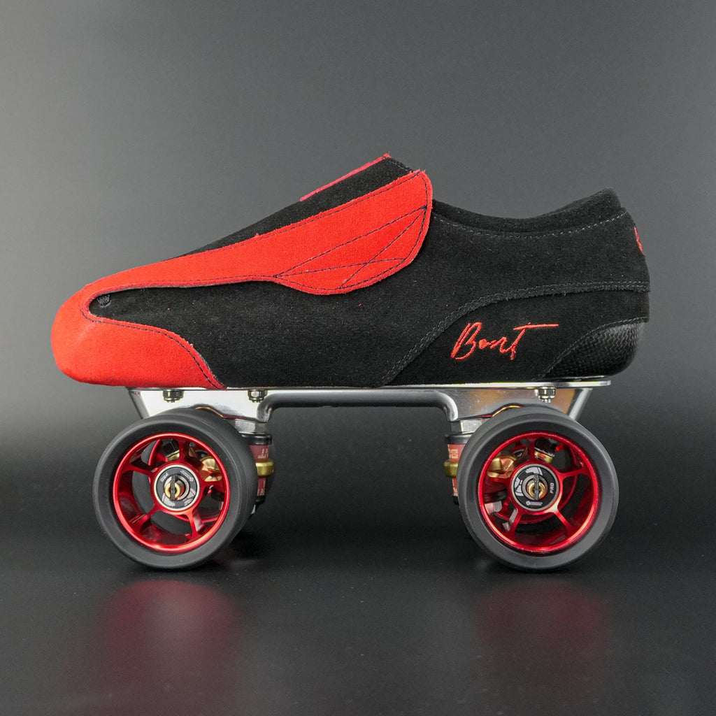 Side view of the Envy suede skate showing blue and black suede finish
