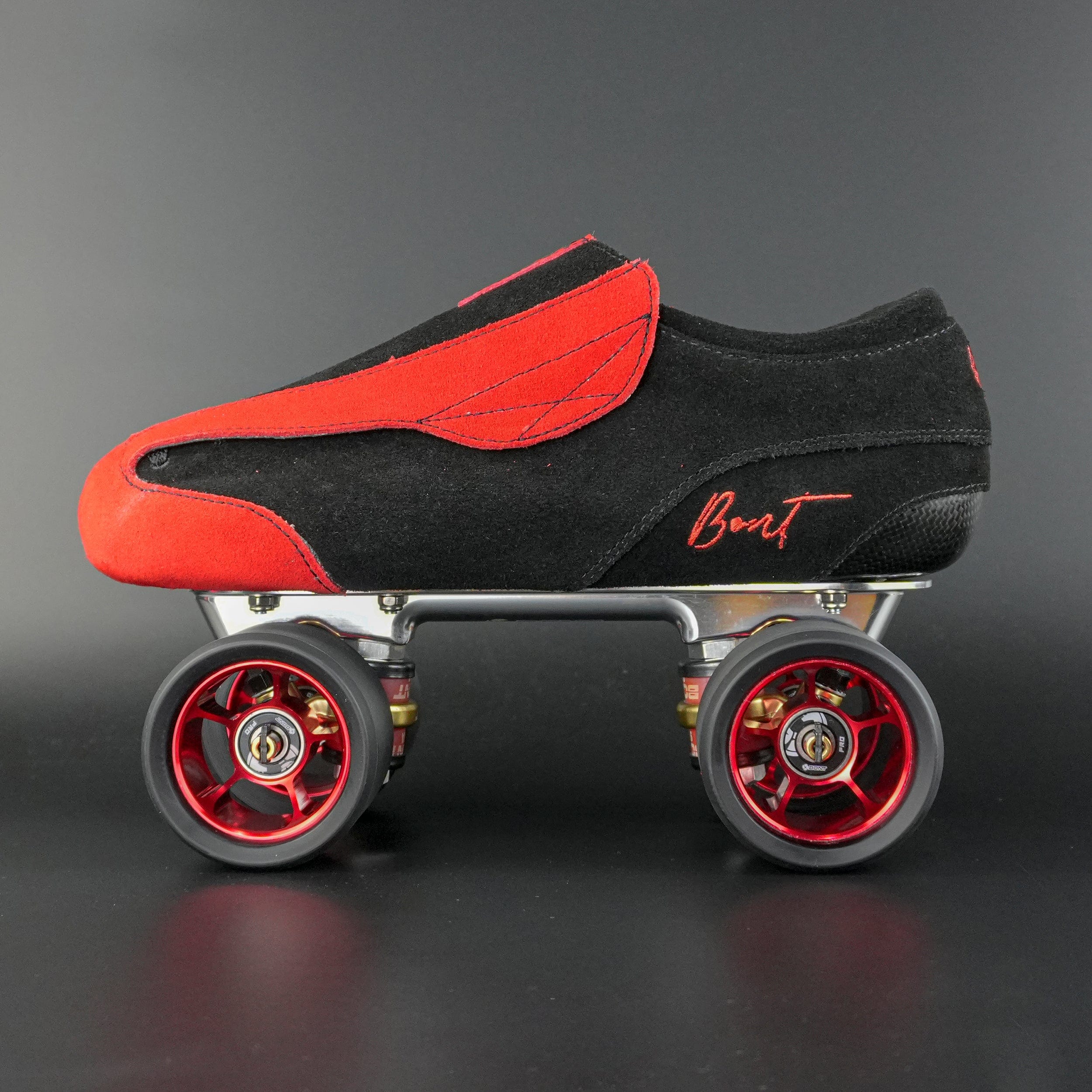 Side view of the Envy suede skate showing blue and black suede finish