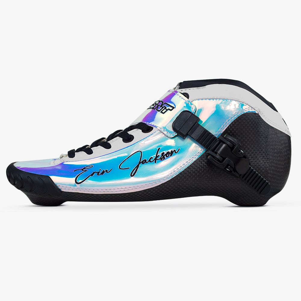 Erin Jackson limited-edition BNT 195mm inline speed skate boot, holographic blue and pink, side view