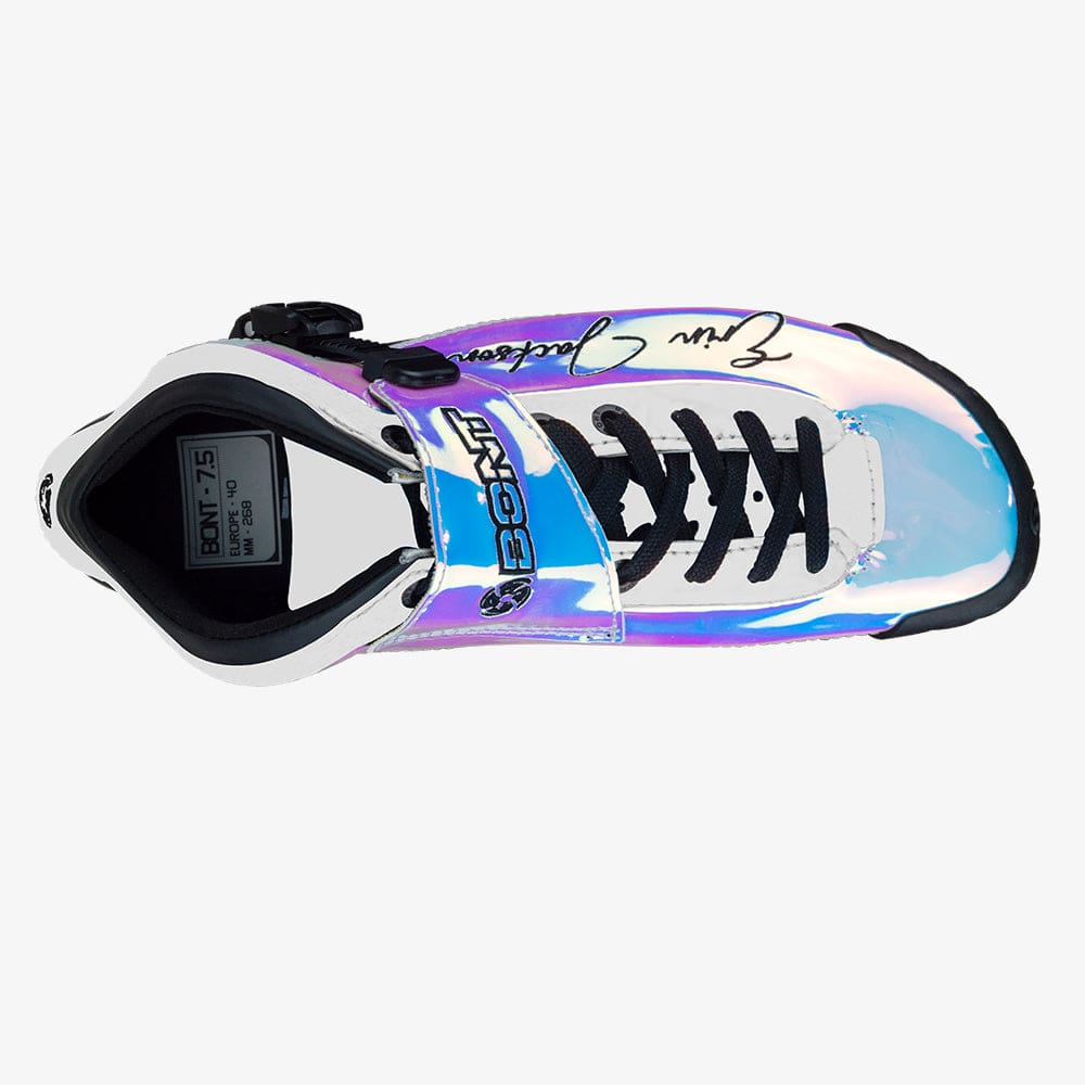 Erin Jackson BNT inline speed skate boot, top view showing laces, Bont lace cover, and liner