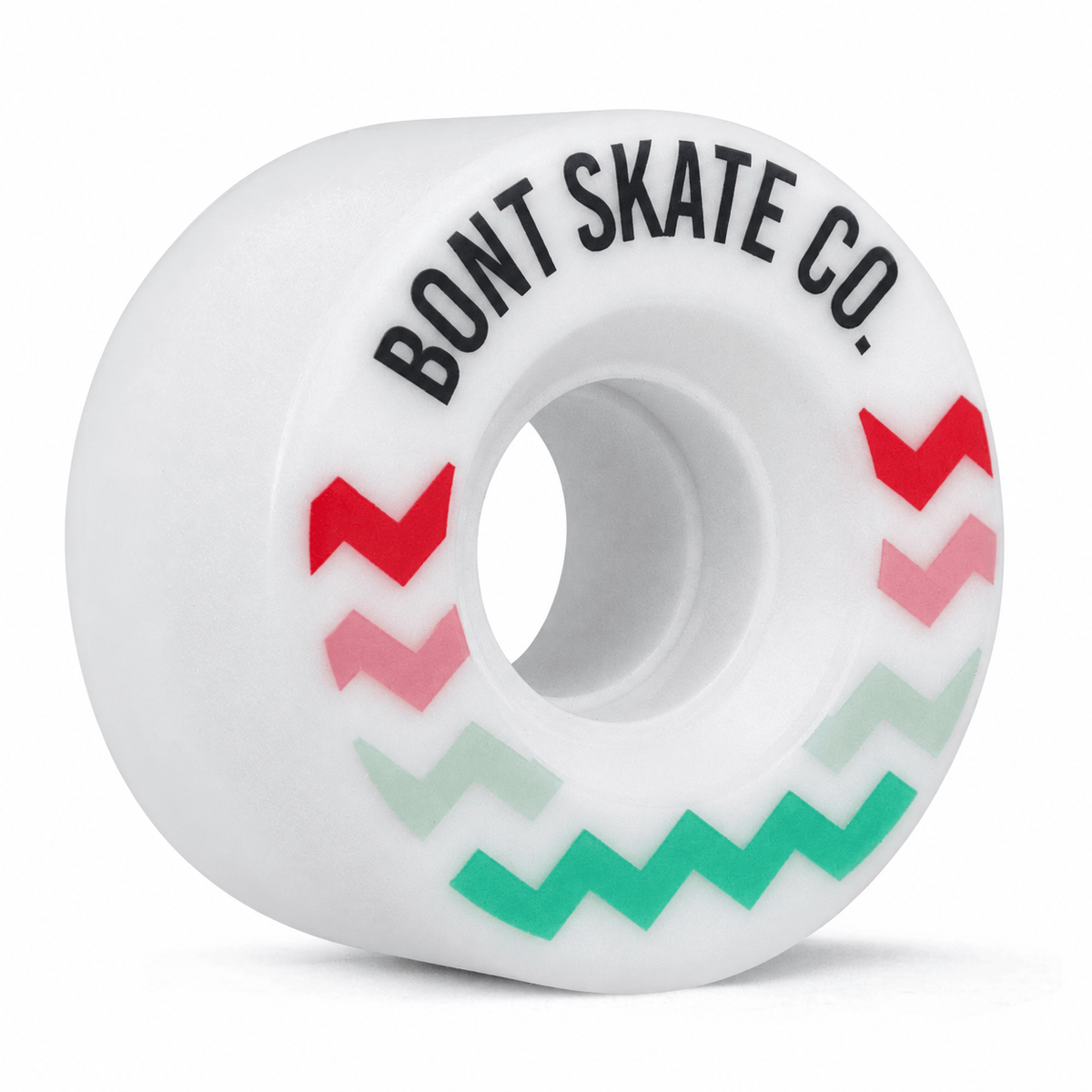 Three-quarter view of the Multi Glide outdoor roller skate wheel in neutral white with red, pink, and green chevrons