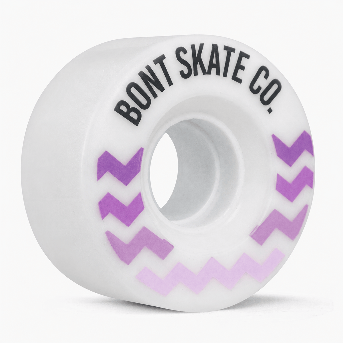 Three-quarter view of the White/Purple Glide outdoor roller skate wheel in neutral white with purple chevrons