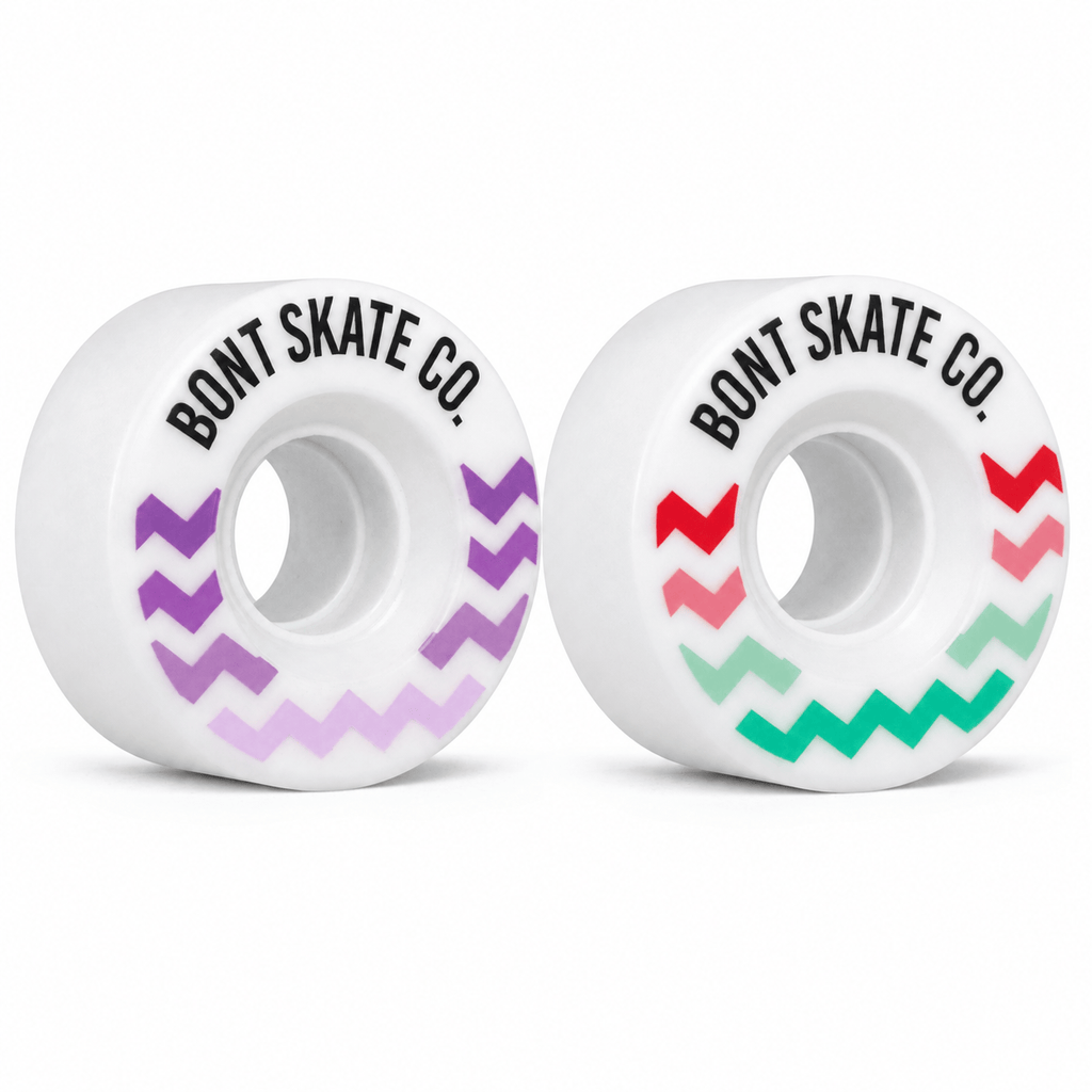 White/Purple and Multi Bont Glide outdoor roller skate wheels shown together at slight angles
