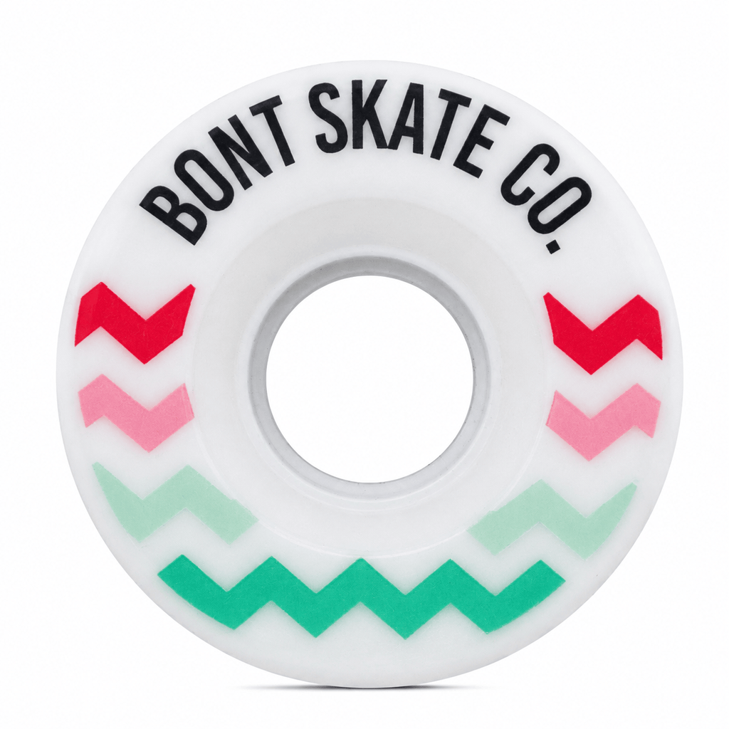 Front view of the Multi Glide outdoor roller skate wheel with Bont lettering and red, pink, and green chevrons