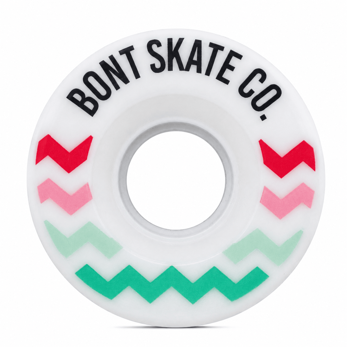 Front view of the Multi Glide outdoor roller skate wheel with Bont lettering and red, pink, and green chevrons