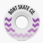 Front view of the White/Purple Glide outdoor roller skate wheel with Bont lettering and purple chevrons