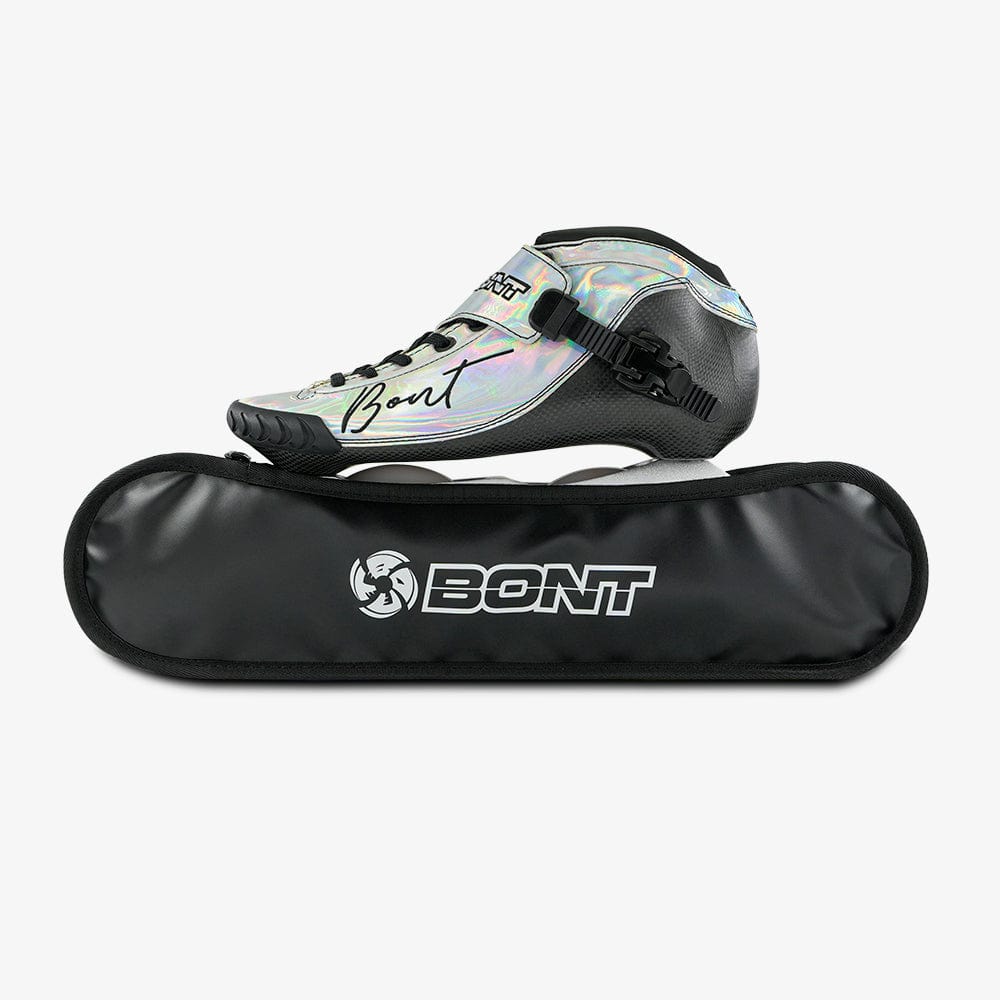 Side view of a wheel cover fitted over the mounted wheels of a Bont inline skate