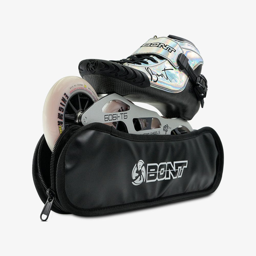 Bont inline skate with the wheel cover partly open to show the wheels and frame