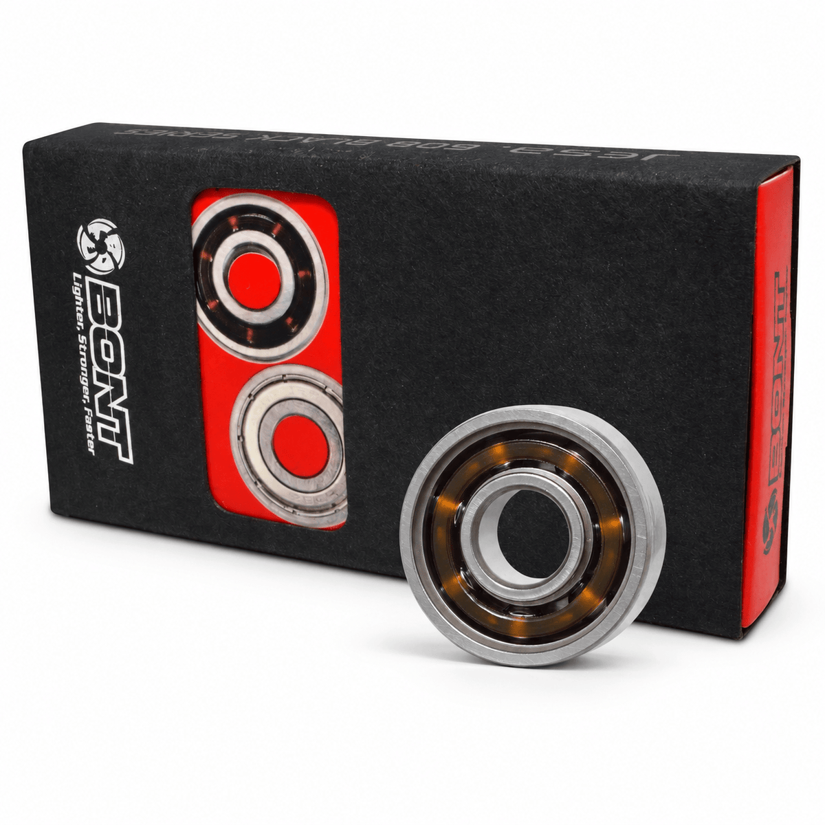 Black-and-red Bont Black Series bearing box with one open steel bearing standing in front.