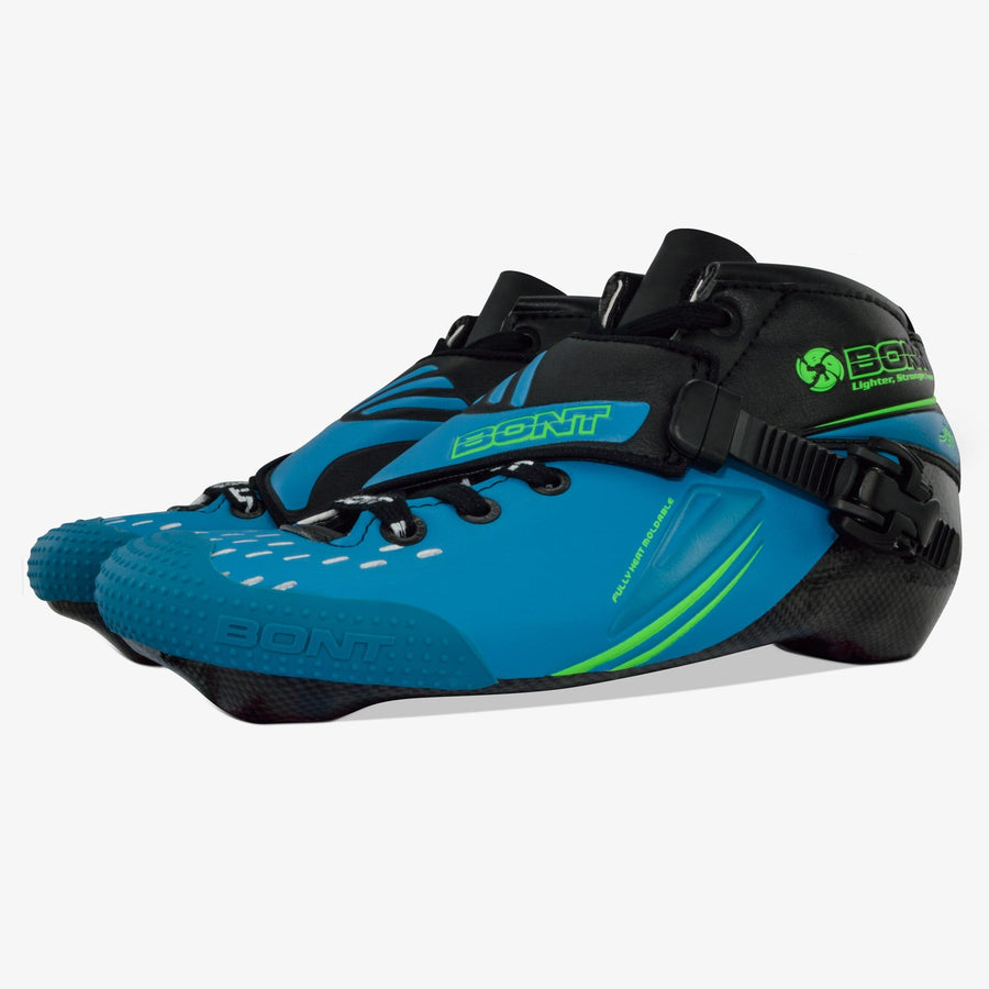 Blue/Black Bont Jet inline skate boots shown as a pair with laces and buckle closures