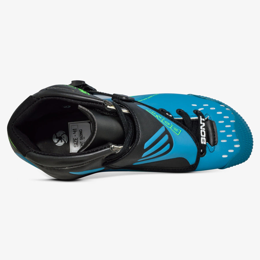 Blue/Black Bont Jet boot top view showing the tongue, laces, and toe vents