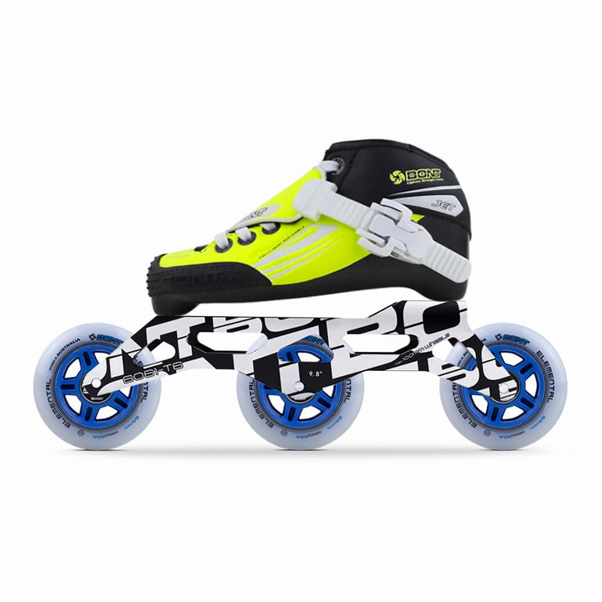Jet Kids Fluoro Yellow-Black inline skate package with Unity 9.8 frame and three Elemental 84mm wheels