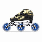 Jet Kids Shiny Gold inline skate package with Unity 9.8 frame and three Elemental 84mm wheels