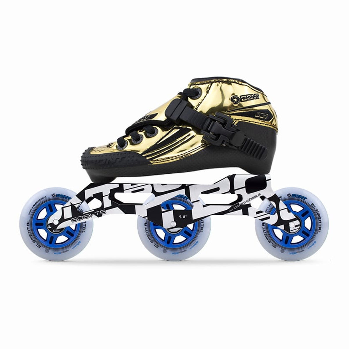 Jet Kids Shiny Gold inline skate package with Unity 9.8 frame and three Elemental 84mm wheels