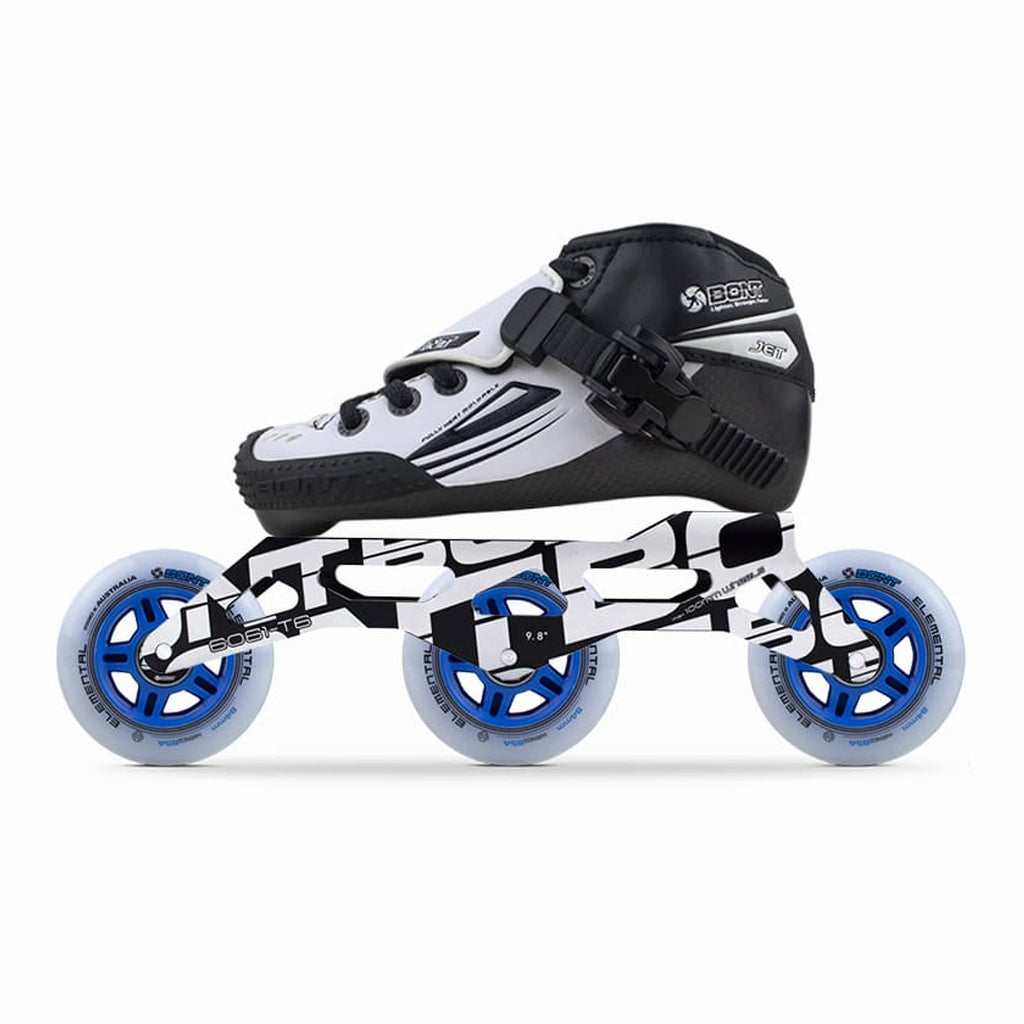 Jet Kids White-Black inline skate package with Unity 9.8 frame and three Elemental 84mm wheels