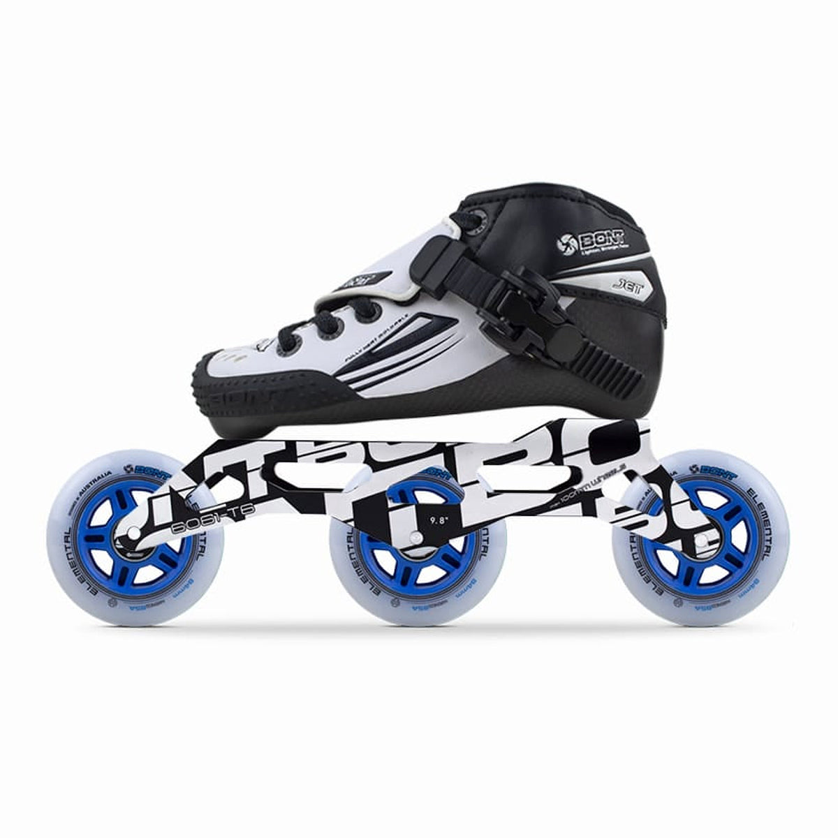 Jet Kids White-Black inline skate package with Unity 9.8 frame and three Elemental 84mm wheels