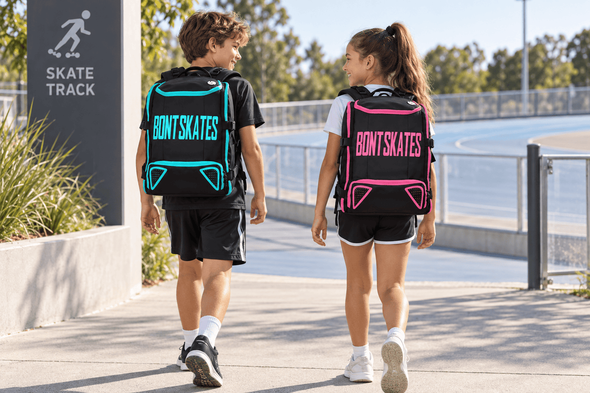 Two young skaters wearing blue-trim and pink-trim Bont backpacks at an outdoor skate track.