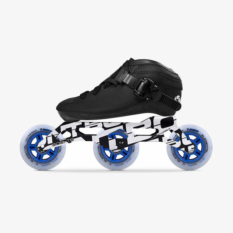 Patin en ligne Luna pour enfants noir, avec chaussure en composite de carbone, châssis Unity de 9,8 pouces et trois roues Elemental de 84 mm à moyeu bleu
