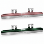 Pink and dark green Platinum Flex K390 short track blades with silver mounting cups