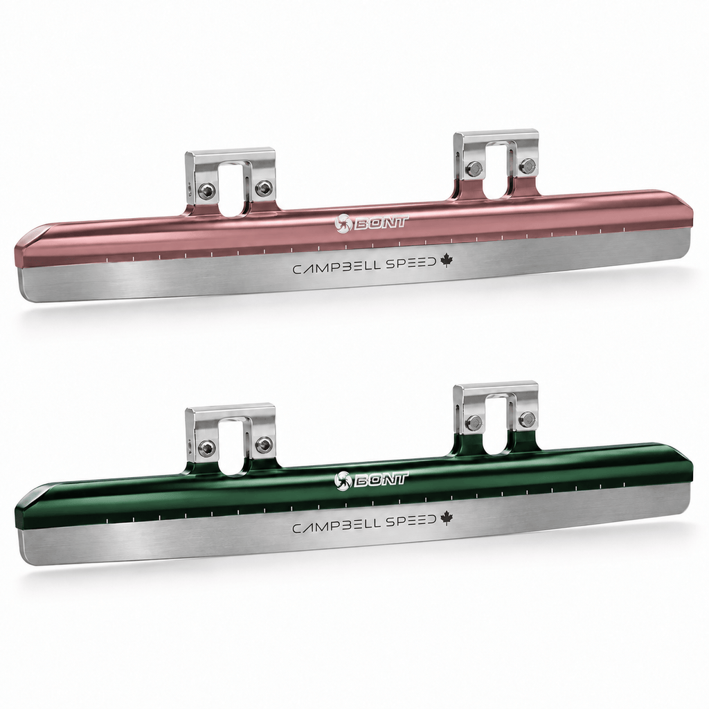 Pink and green Platinum Flex short track blades with silver mounting cups