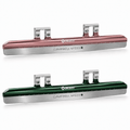Pink and green Platinum Flex short track blades with silver mounting cups