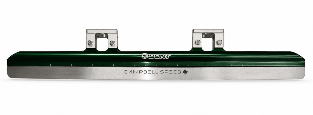 Green Platinum X firm blade with Bont branding, silver cups, and polished steel runner