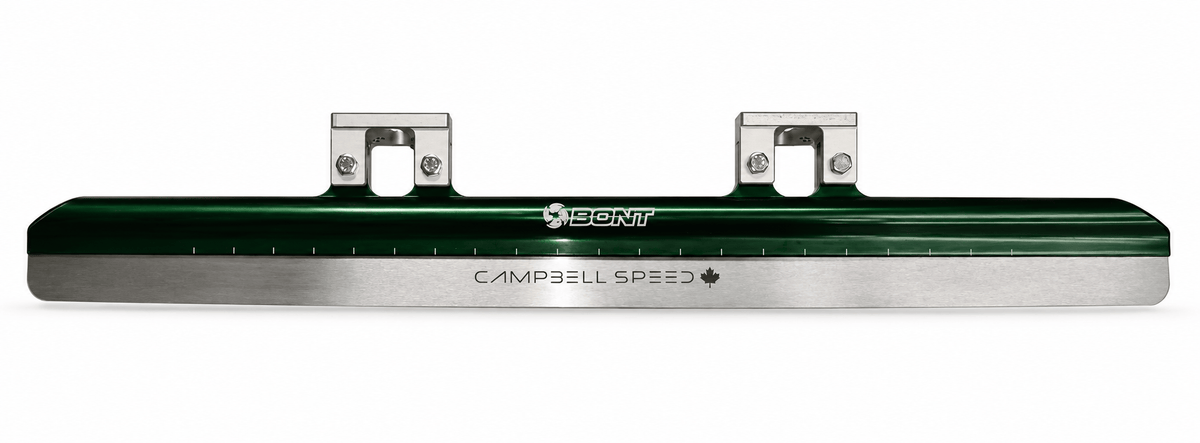 Green Platinum X firm blade with Bont branding, silver cups, and polished steel runner