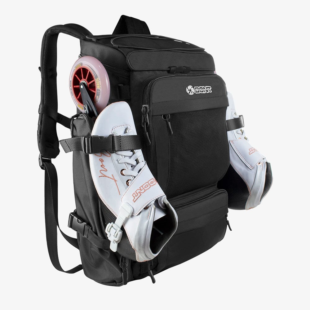 Black Bont skate backpack with white inline skates secured to the side straps.