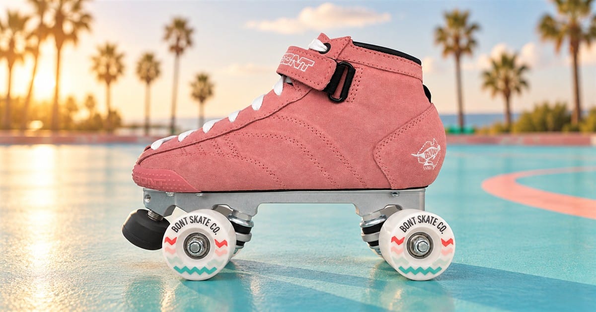 Bubblegum pink Prostar roller skate on a turquoise outdoor court with palm trees at sunset