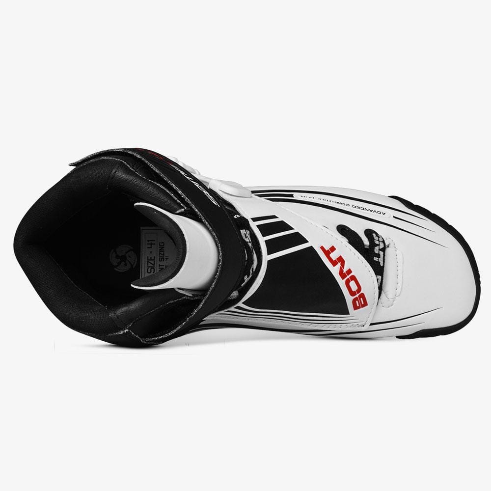 Top view of the white and black Semi Race II inline skate boot showing the padded opening, tongue, and lace cover
