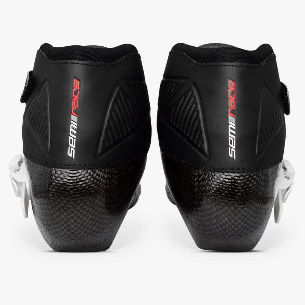 Rear view of white and black Bont Semi Race II boots showing the cuffs and carbon composite heels