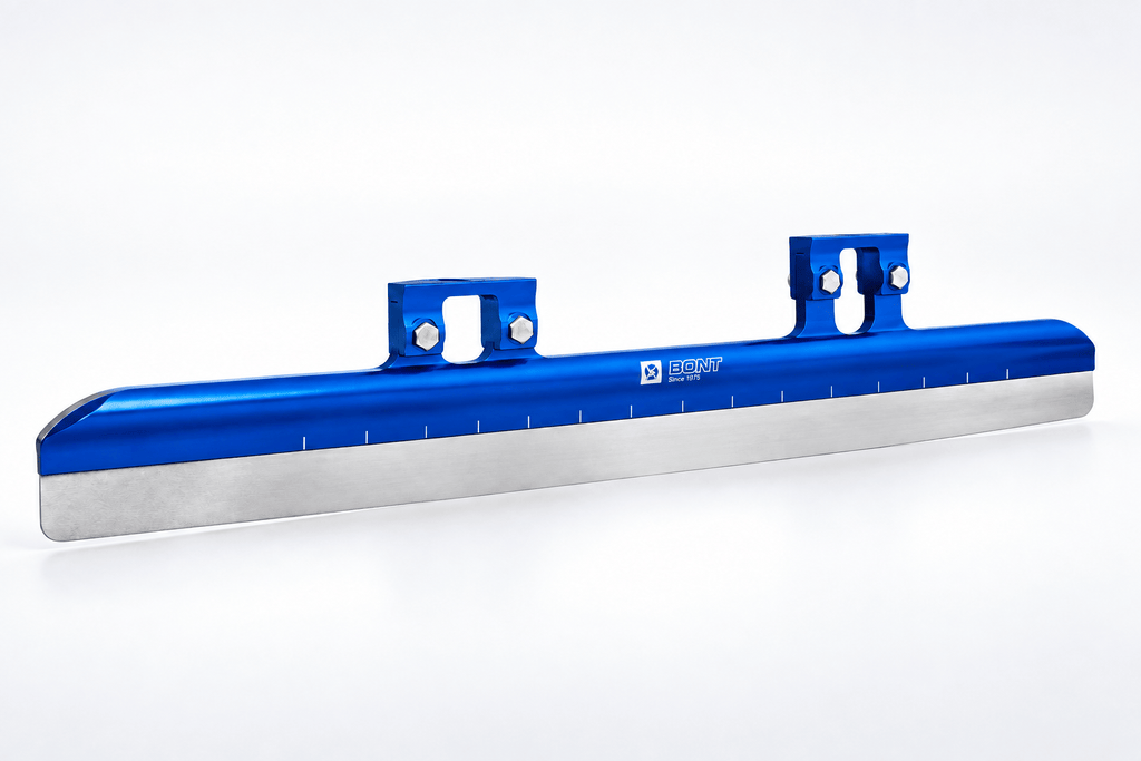 Studio view of a blue GT3 short track ice blade with two mounting cups and a silver steel runner.