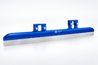 Studio view of a blue GT3 short track ice blade with two mounting cups and a silver steel runner.