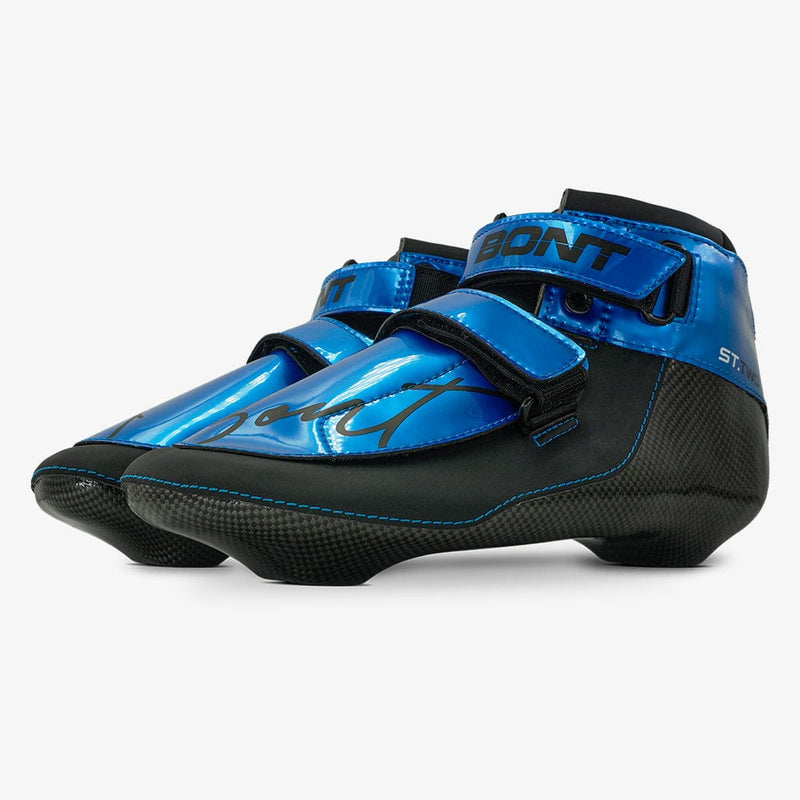 Bont Short Track Two carbon speed skating boots – lightweight design in black and shiny blue, front and side view