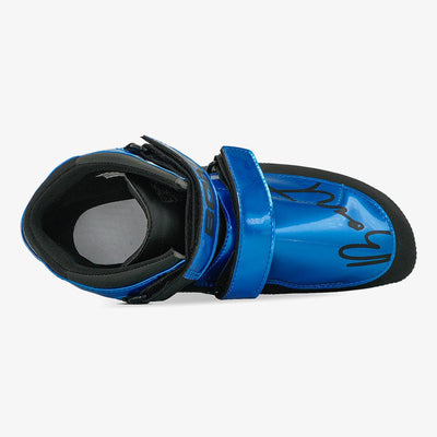 Top view of Bont Short Track Two short track speed skating boots – black upper with shiny blue accents