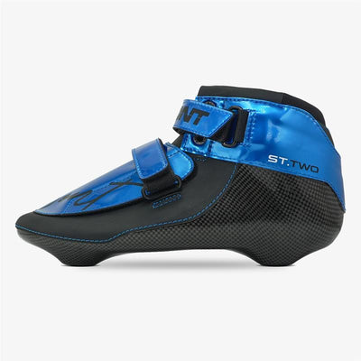 Bont Short Track Two carbon boots in black and shiny blue – front and side view