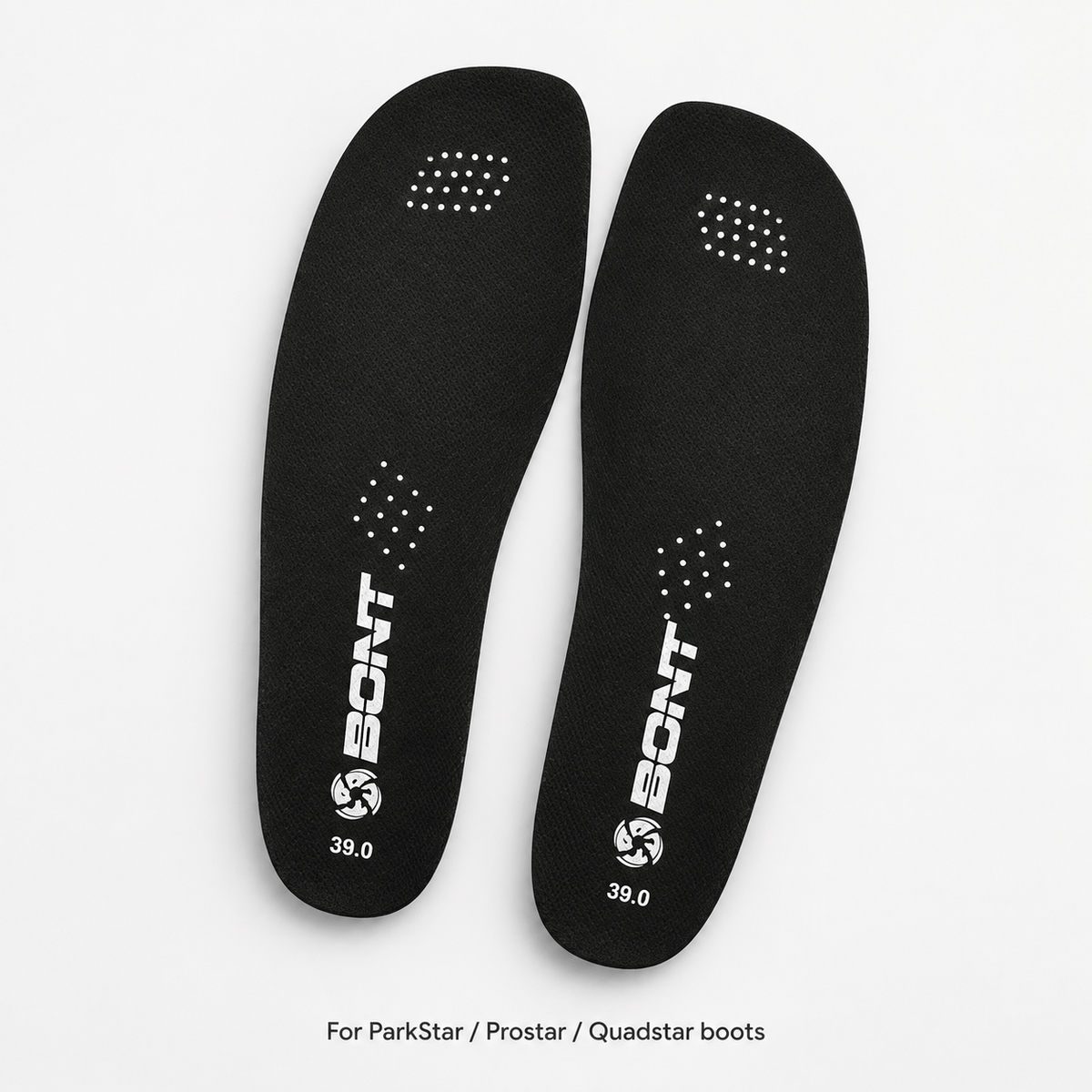 Angled studio view of black replacement insoles for ParkStar, Prostar, and Quadstar boots.
