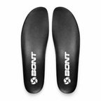 Studio view of a pair of thin black EVA skate insoles for inline, roller, and ice boots.