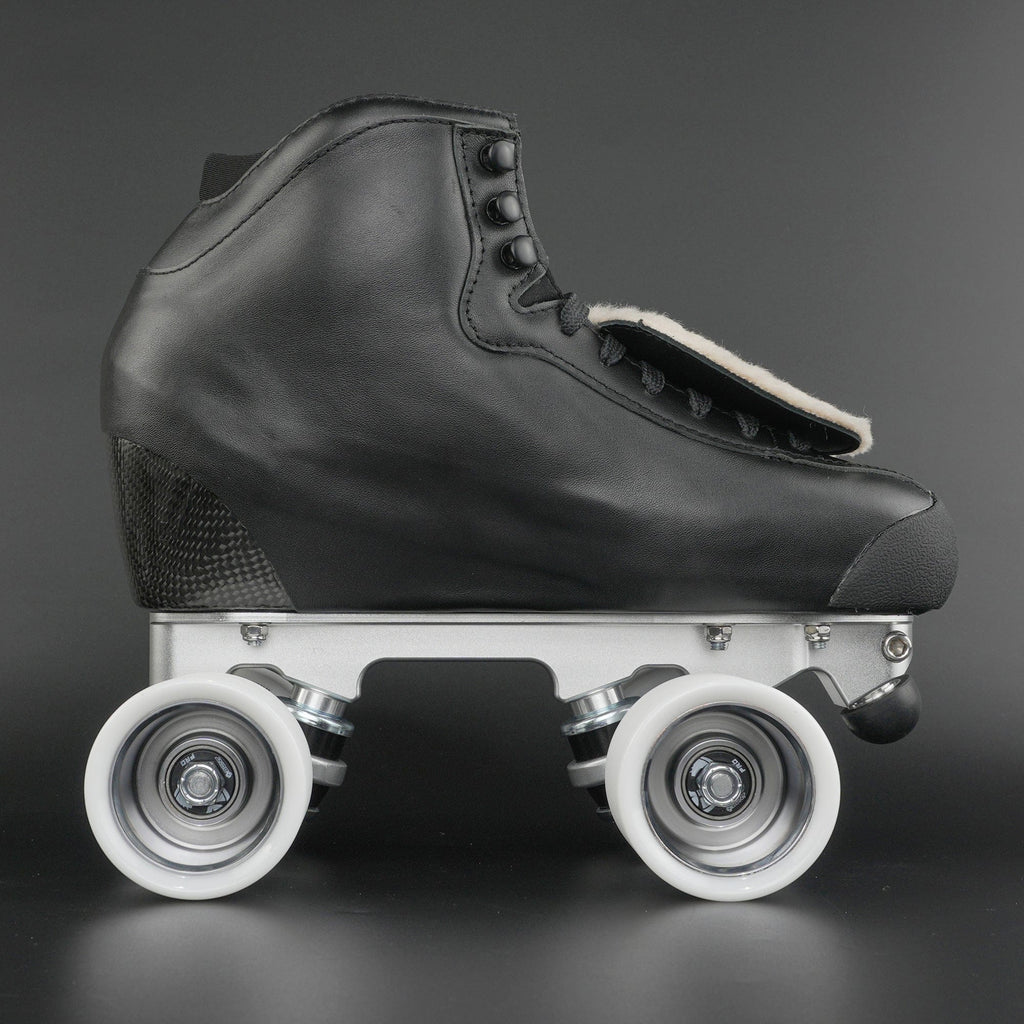 Side view of a rhythm roller skate with carbon fiber base