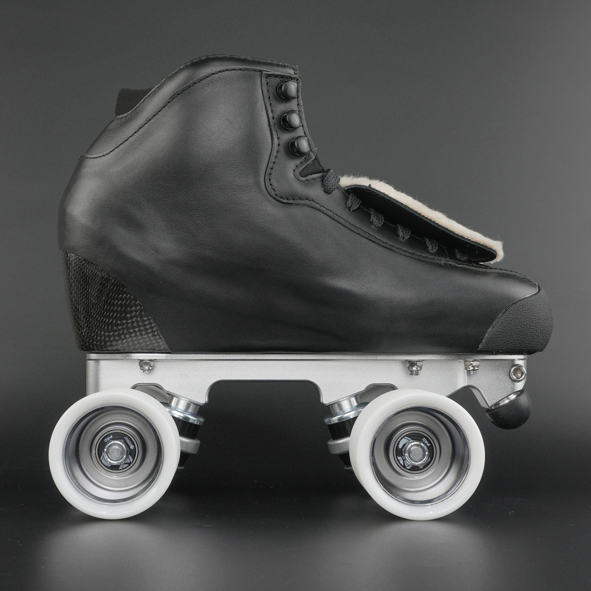 Side view of a rhythm roller skate with carbon fiber base