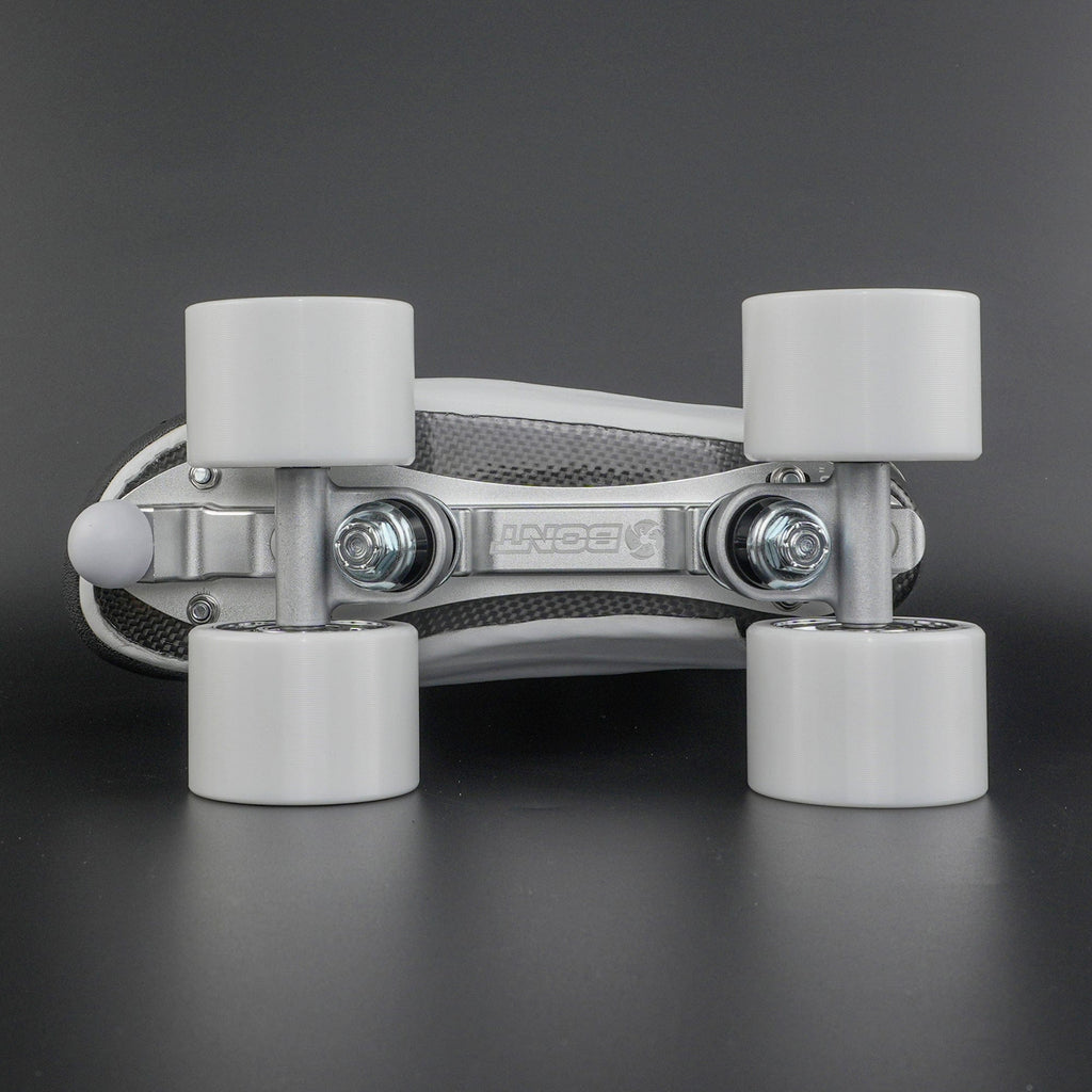 Close up of aluminum skate plate and Ultraglide wheels