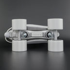 Close up of aluminum skate plate and Ultraglide wheels