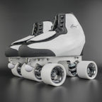 Rhythm skater performing footwork using quad roller skates