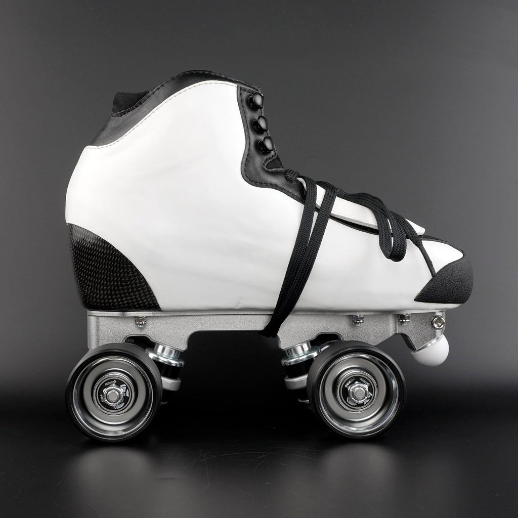 Rhythm skater performing footwork using quad roller skates