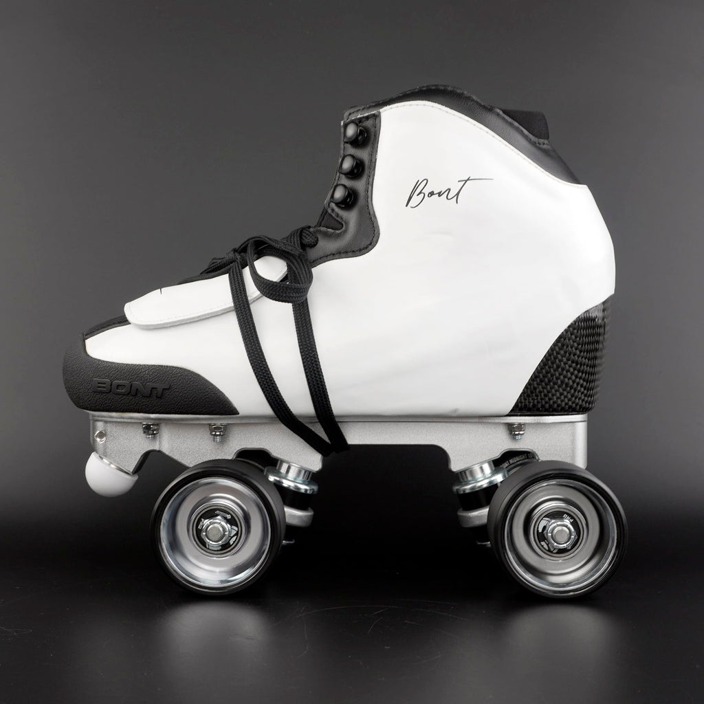 Rhythm skate setup showing lightweight boot and quad wheels
